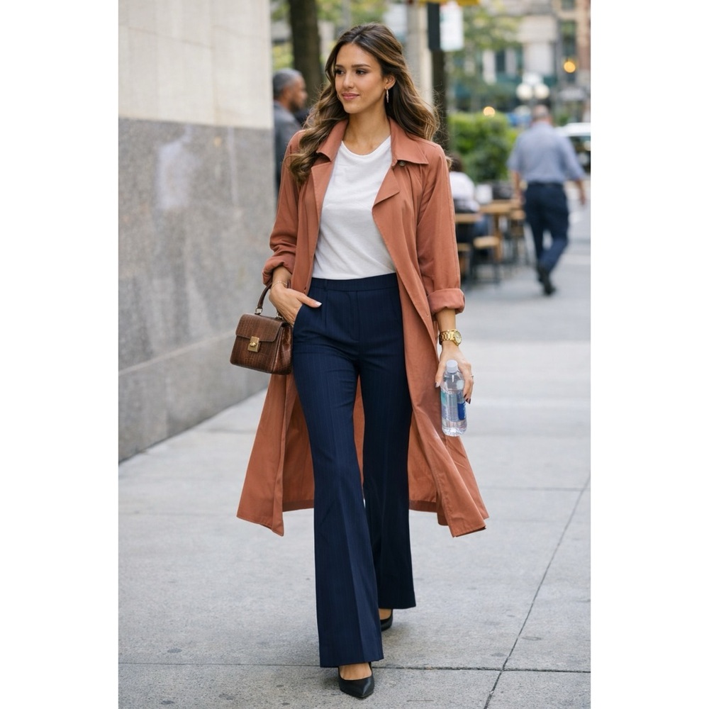 Brooks Brothers Rust Trench Coat with Navy Boot-Cut Pants